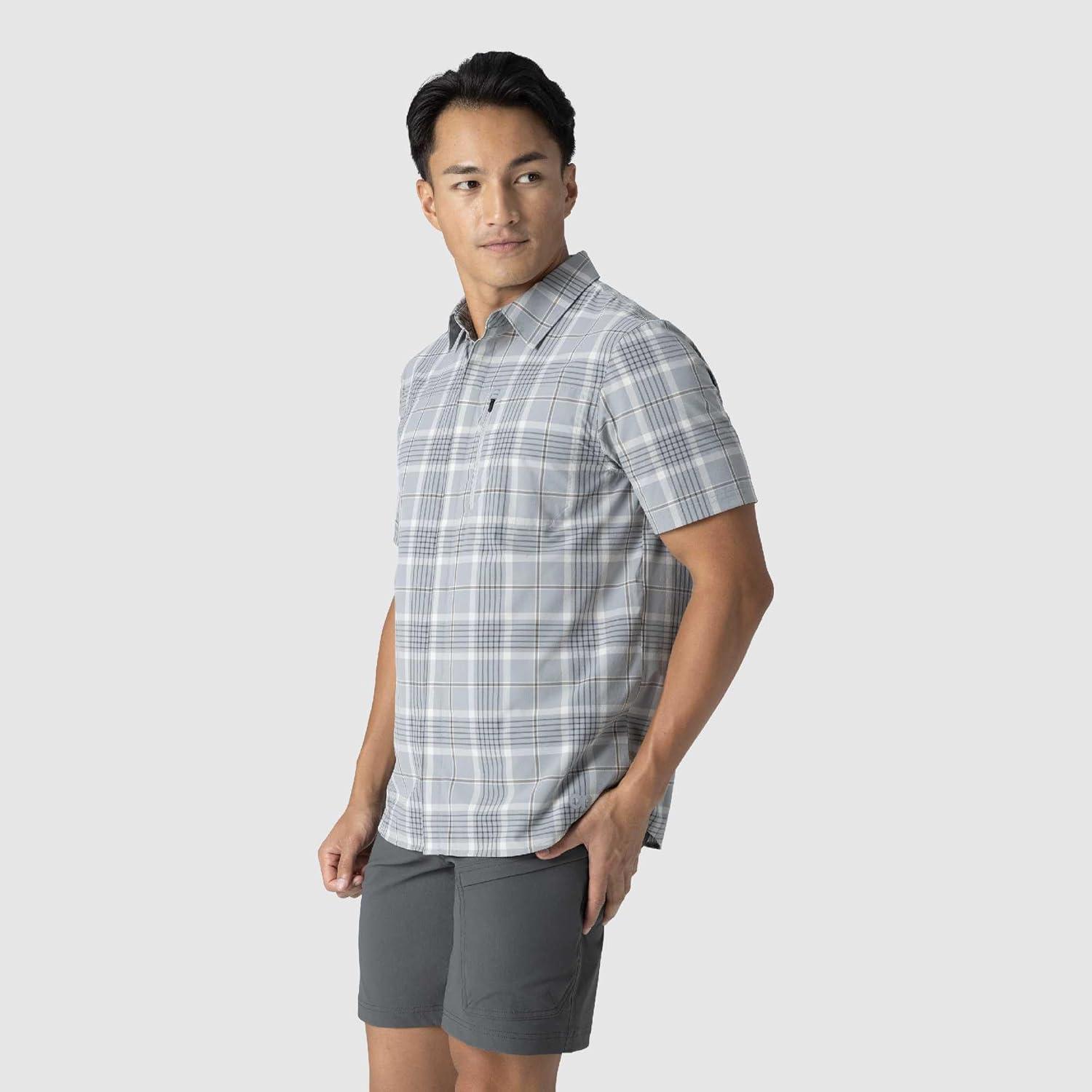 imageOutdoor Research Mens Astroman Short Sleeve Sun Shirt Lightweight UPF 30 Snap Button Hiking Top Breathable amp StretchyLight Pewter Plaid