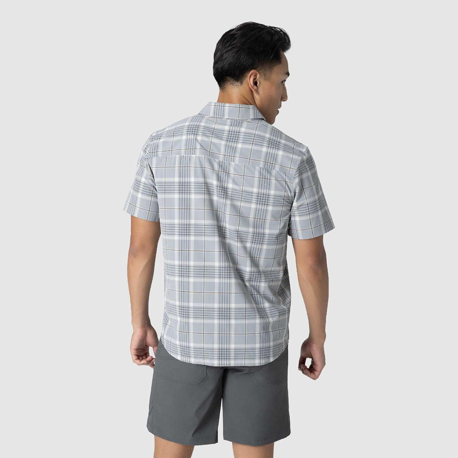 imageOutdoor Research Mens Astroman Short Sleeve Sun Shirt Lightweight UPF 30 Snap Button Hiking Top Breathable amp StretchyLight Pewter Plaid