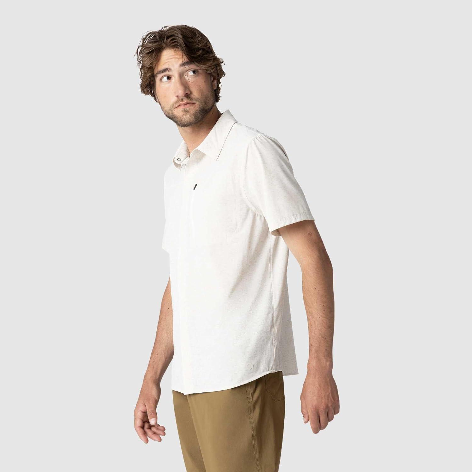 imageOutdoor Research Mens Astroman Short Sleeve Sun Shirt Lightweight UPF 30 Snap Button Hiking Top Breathable amp StretchyOyster Tamarack Print