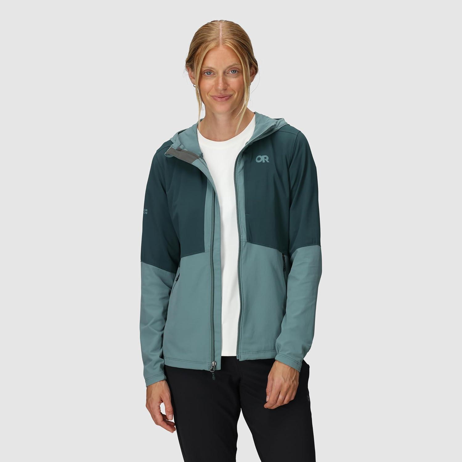 imageOutdoor Research Womens Ferrosi Hoodie Wind amp Water Resistant Zippered Pockets Adjustable Hood Standard FitNeptuneDouglas Fir
