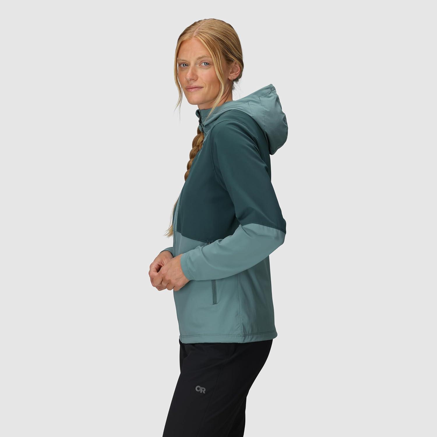 imageOutdoor Research Womens Ferrosi Hoodie Wind amp Water Resistant Zippered Pockets Adjustable Hood Standard FitNeptuneDouglas Fir