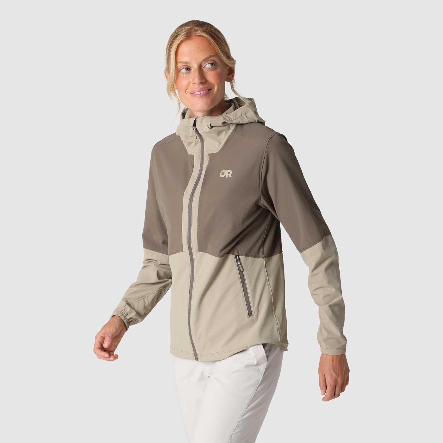 imageOutdoor Research Womens Ferrosi Hoodie Wind amp Water Resistant Zippered Pockets Adjustable Hood Standard FitPro KhakiGravel