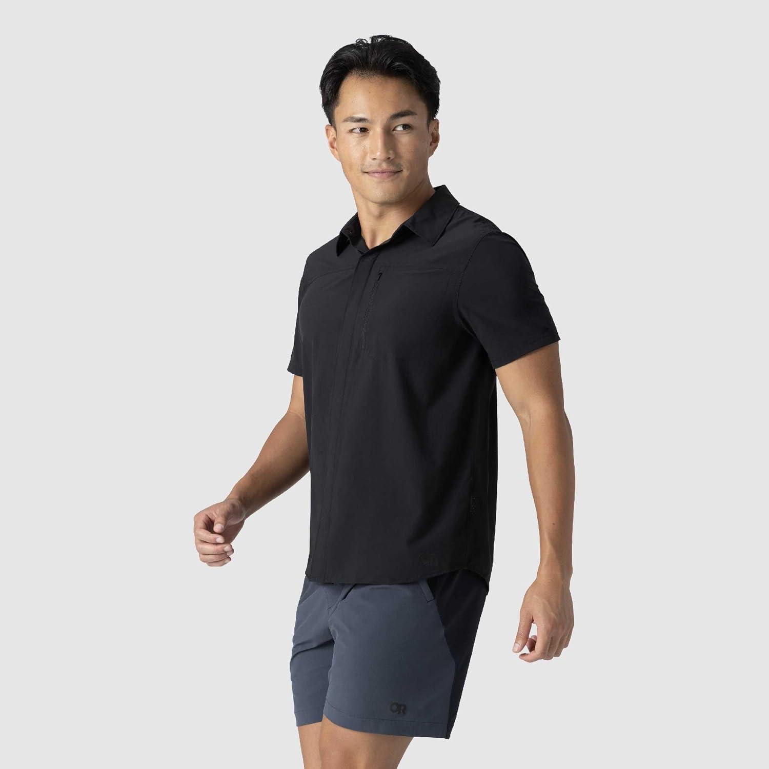 imageOutdoor Research Mens Astroman Air Short Sleeve Sun Shirt Vented Back Breathable UPF 30 Snap Button Hiking TopBlack