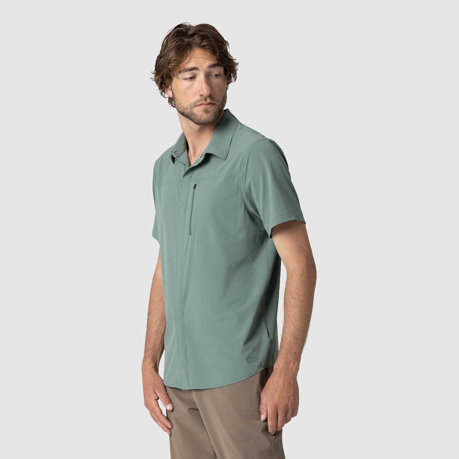 imageOutdoor Research Mens Astroman Air Short Sleeve Sun Shirt Vented Back Breathable UPF 30 Snap Button Hiking TopMalachite