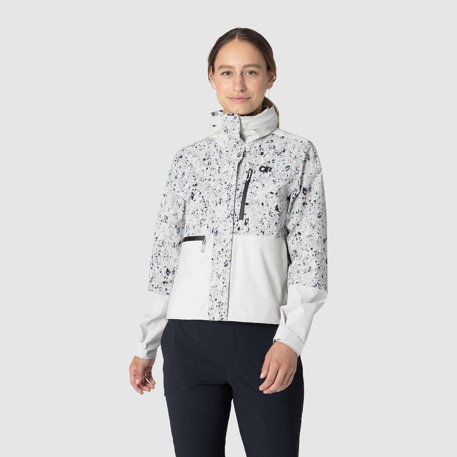 imageOutdoor Research Womens Stratoburst Stretch SE Jacket Waterproof amp Windproof Breathable Rain Jacket Stow In Collar HoodOyster Creekside PrintOyster
